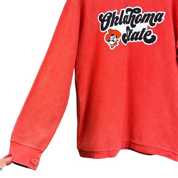 Oklahoma State Orange Corded Long Sleeve Thumbhole Crewneck Pullover Thick Shirt - Picture 4 of 8